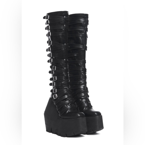 Gothic Black Buckle Strappy Monster Wedge Knee High Platform Boots - 9 - Picture 3 of 17